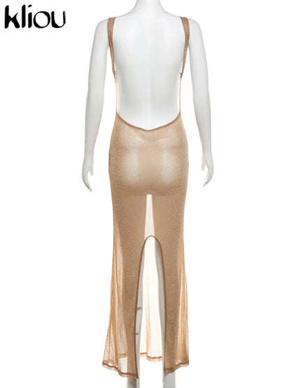 kliou Shiny Long Dress Stunning Women Solid Summer Thin Mesh Sheer Backless Sleeveless Bodycon Female Elegant Fashion Vestidos