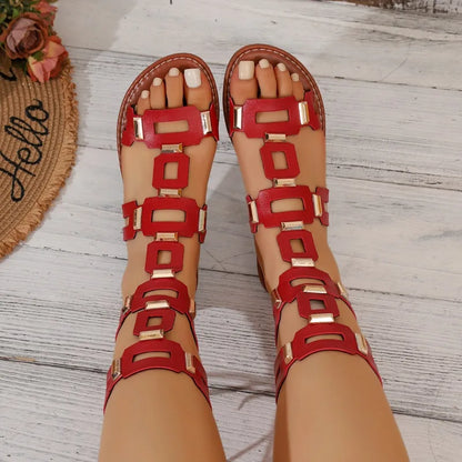 2026 Summer Luxury Round Toe PU Women's Sandals Fashionable Flat Casual Beach Shoes Stylish Metallic Decoration Women's Sandals