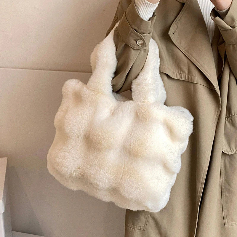 Women's Fluffy Plush Shoulder Bag Autumn Winter Top-Handle Solid Color Tote Versatile Commuter Handbag for Girls