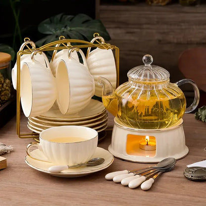 British Handle Ceramic Glass Teapot With Candle Heating Base Set European Porcelain Coffee Pot Afternoon Tea Home Decoration