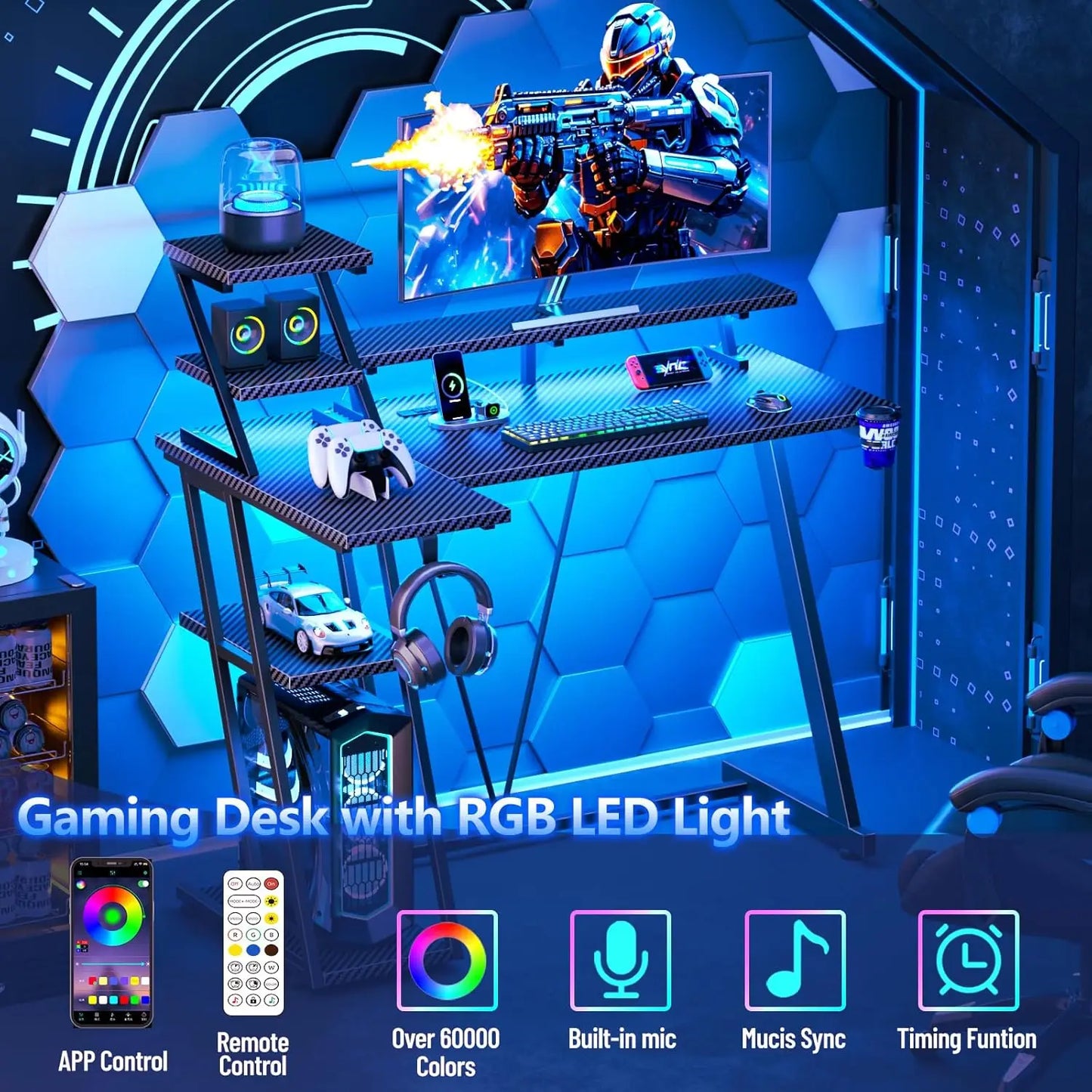 39 Inch Gaming Desk with LED Lights & Power Outlet, Small Gaming Computer Desk with Storage Shelves, L Shaped Gamer, Customized