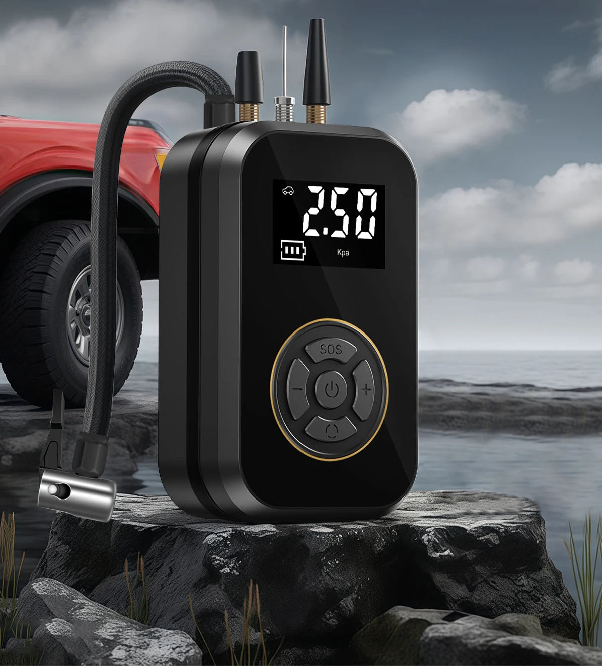 Multifunction Digital Air Pump, Portable Tire Inflator with SOS Light for Car Motorcycle Bicycle Tires, Balls, Boats, Camping