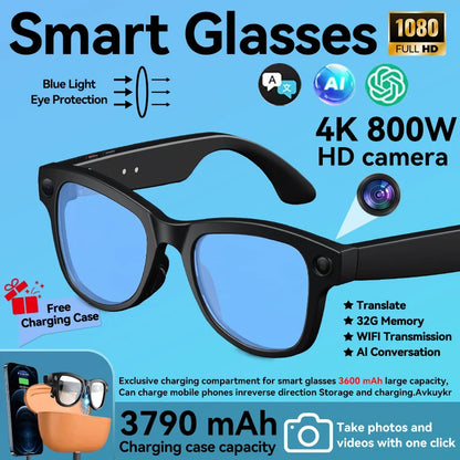 4K 800W HD Camera AI Smart Glasses Men Record Video 3790mAh Battery Languages Translation 3D Music Player Glasses With Camera