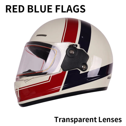 Retro-style full-face helmet with multi-color lenses, ABS material, DOT certified, suitable for all seasons