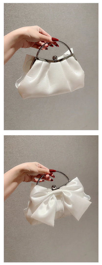 White Satin Bow Fairy Evening Bags Clutch Metal Handle Handbags for Women Wedding Party Bridal Clutches Purse Chain Shoulder Bag
