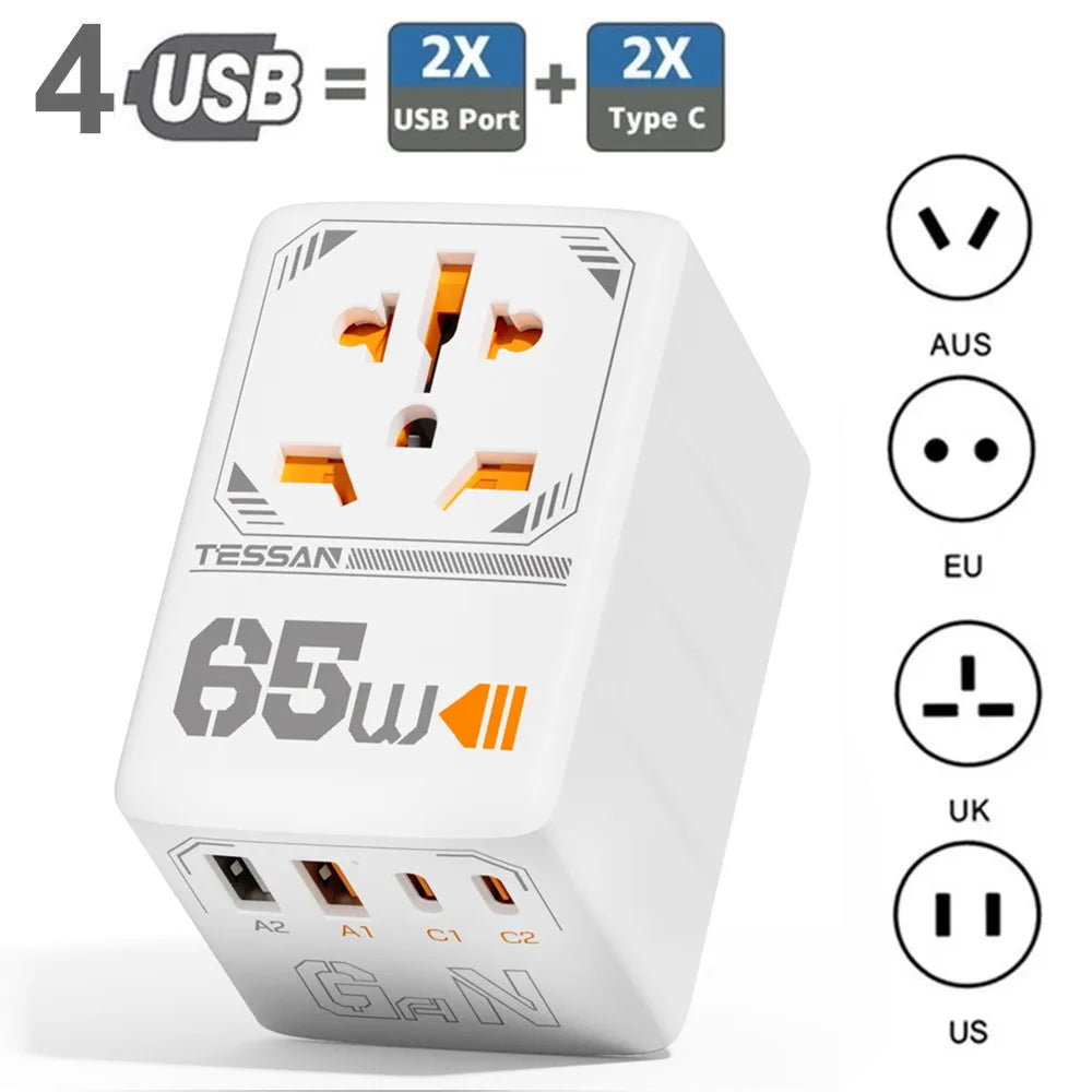 TESSAN 35W/65W/100W GaN Universal Travel Adapter with USB Ports Type C Fast Charging Power Adapter EU/UK/USA/AUS Plug for Travel
