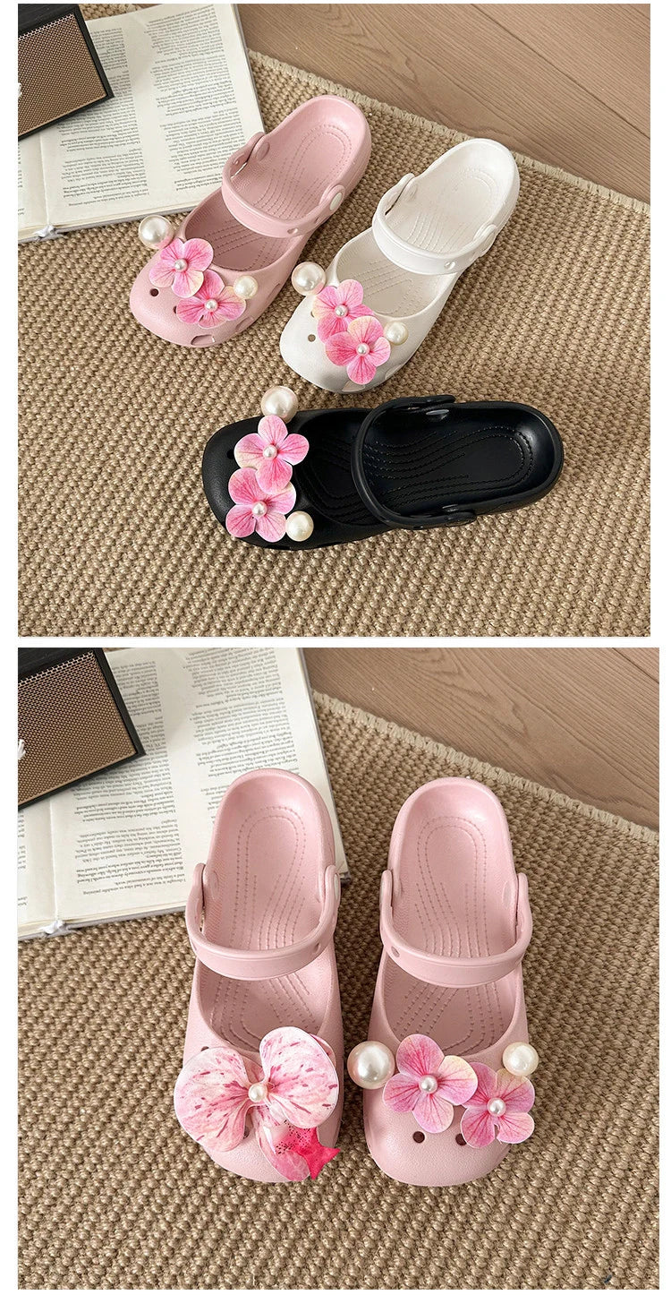 Clogs Summer Slippers Women Luxury Pearl Metal Flower Mary Janes Designer Ballet Shoes Girls Corc Charms Sandals Indoor Outdoor