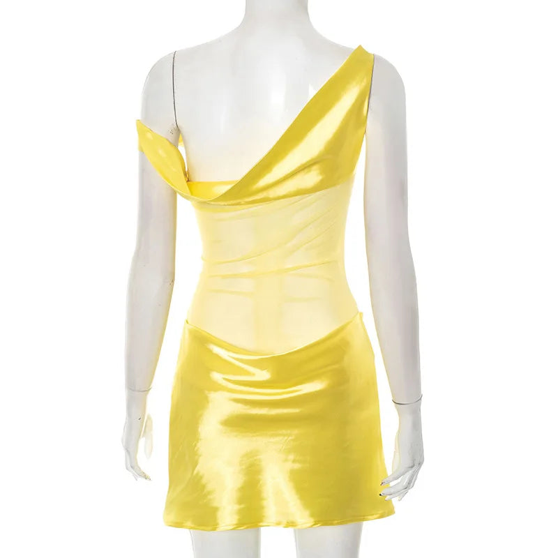 Oniflyme Mesh Patchwork Satin Mini Dress Women Inclined Shoulder Backless Ruched Slim Party Outfits Sleeveless Bodycon Dresses
