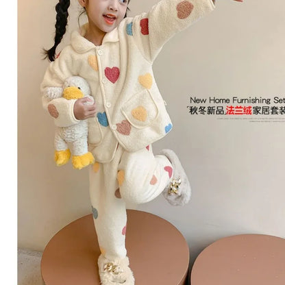 Flannel Girls Pajamas Sets Winter Children's Coral Fleece Sleepwear Cartoon Teenager Loungewear Set Thicken Kids Pyjamas Clothes