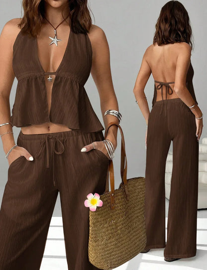 2026 Women's Summer Leisure Pants Outfits Fashion Solid Halter Tie-Up Backless Tank Tops Wide-Leg Pants 2 Pieces Set Streetwear