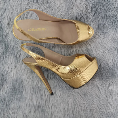 LOSLANDIFEN New 14CM Platform Super High Heels For Woman Sexy Open Toe Sandals Gladiator Party Dress Women Shoes Plus Size 42