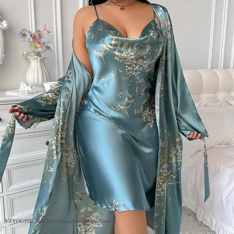 Summer New Women 2PCS Robe Set Nightgown Print Flower Kimono Bathrobe Gown Plus Size Silk Satin Sleepwear Loungewear Home Dress