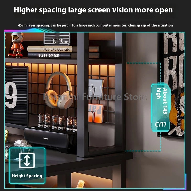 Black Wide Students Study Desk Modern Office Sturdy PC Desk with Shelf Y-Shaped Metal Frame Gaming Computer Table for Home Gamer