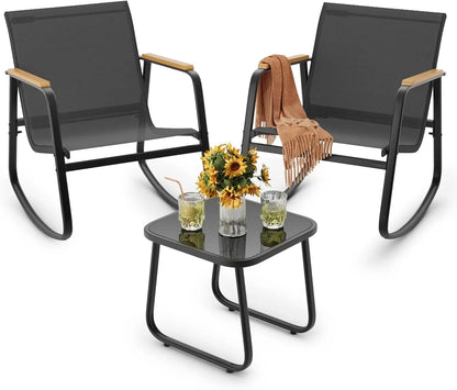 3-Piece Patio Furniture Set, Textilene Outdoor Rocking Bistro Set with Wood Armrests & Coffee Table for Lawn Porch Poolside