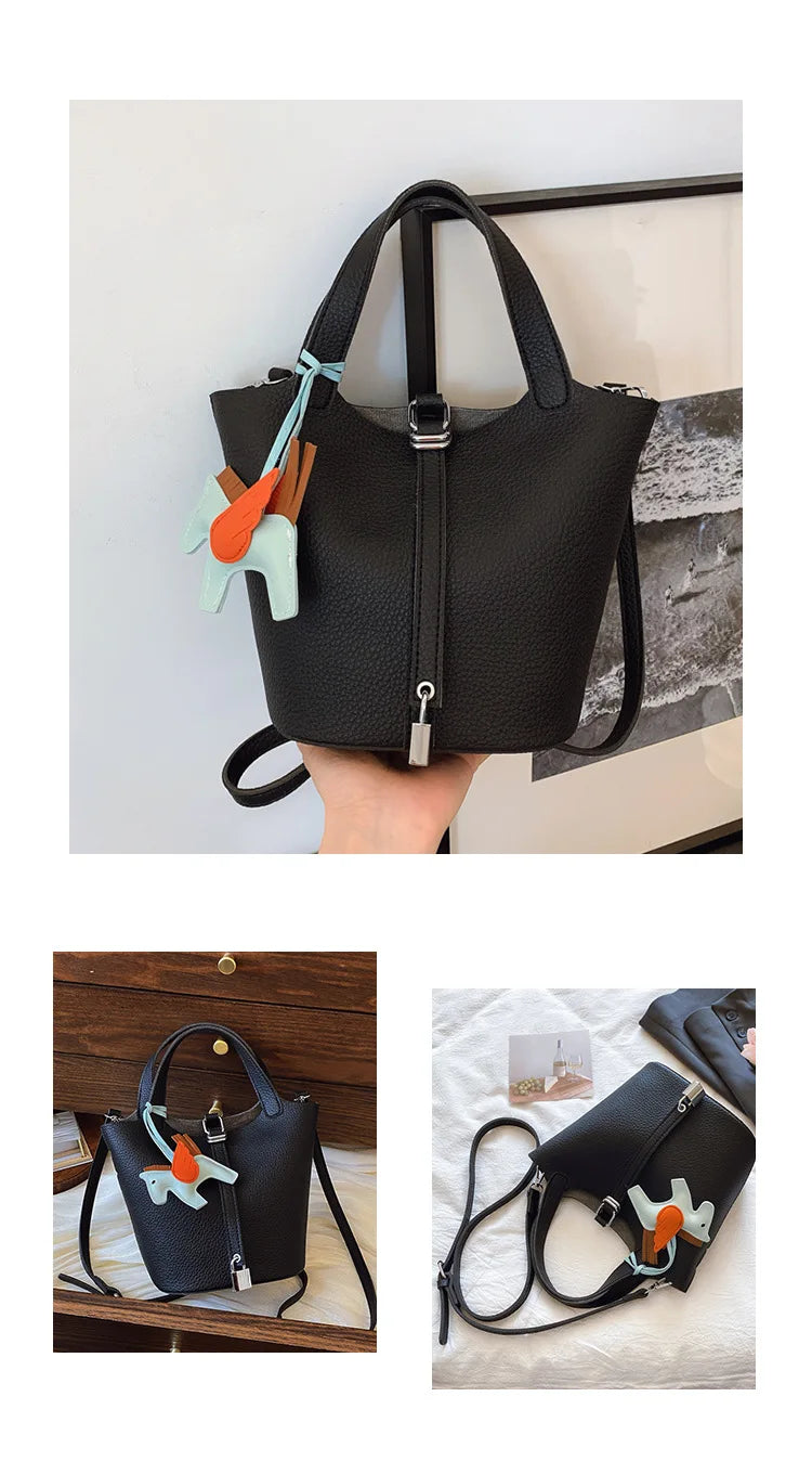 Popular and popular lychee patterned mother and child bucket bag for women, 2025 new casual retro handbag, casual commuting bag