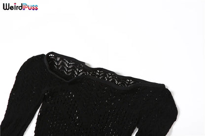 Weird Puss See Through Women Jumpsuits Long Sleeve Hollow Out Hot Girls Sexy Nightclub Dance Party Body-Shaping Coquette Outfits