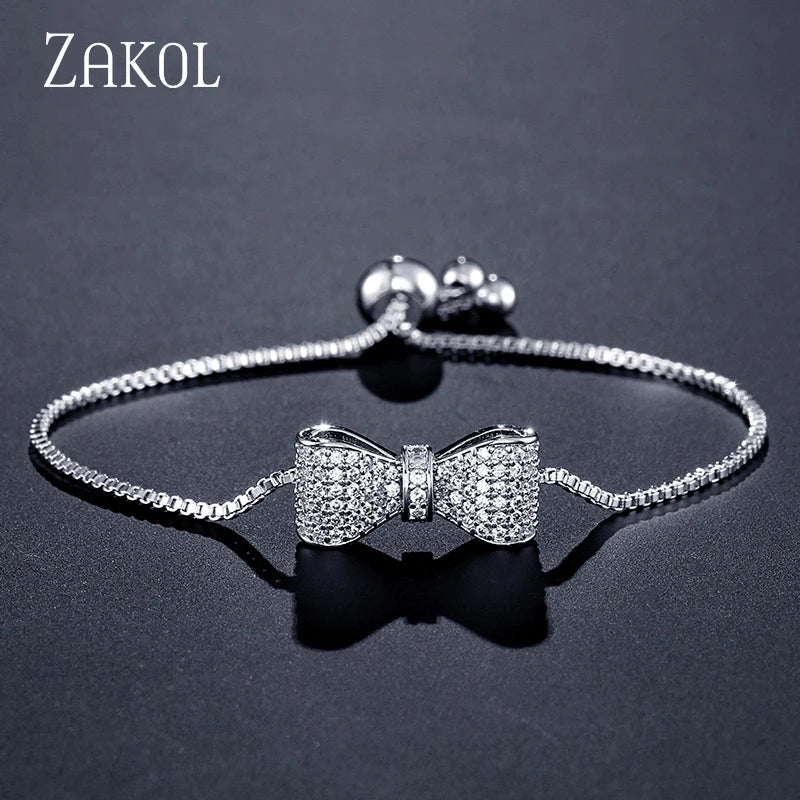 ZAKOL Fashion Bow Zirconia Crystal  Adjustable Bracelet & Bangle for Women Brilliant CZ Party Jewelry