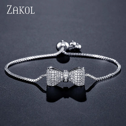 ZAKOL Fashion Bow Zirconia Crystal  Adjustable Bracelet & Bangle for Women Brilliant CZ Party Jewelry