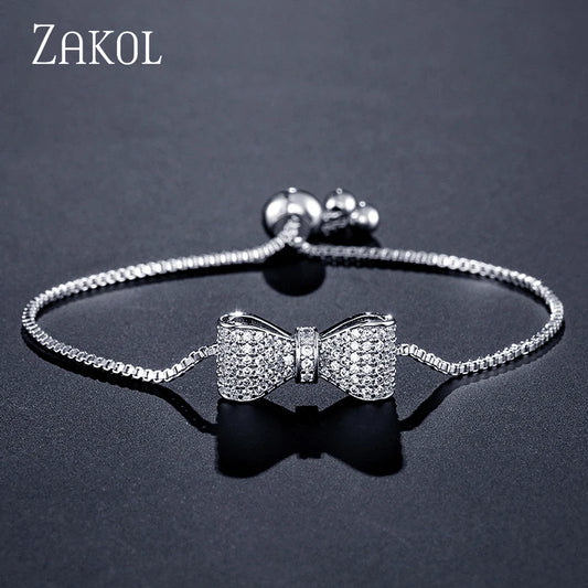 ZAKOL Fashion Bow Zirconia Crystal  Adjustable Bracelet & Bangle for Women Brilliant CZ Party Jewelry
