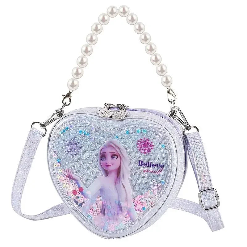 Disney Elsa Shoulder Bag Shiny Quicksand Pearl Handbag Heart-shaped Crossbody Bag For Girls Gifts