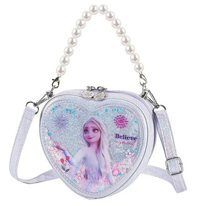 Disney Elsa Shoulder Bag Shiny Quicksand Pearl Handbag Heart-shaped Crossbody Bag For Girls Gifts