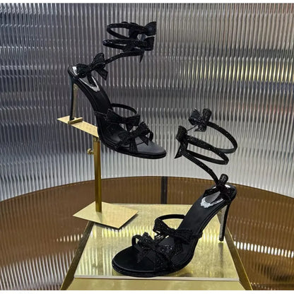 Luxury Rhinestones Mesh Bowknot Snake Coiled Women Gladiator Sandals Sexy Narrow band Thin High heels Summer Wedding Party Shoes