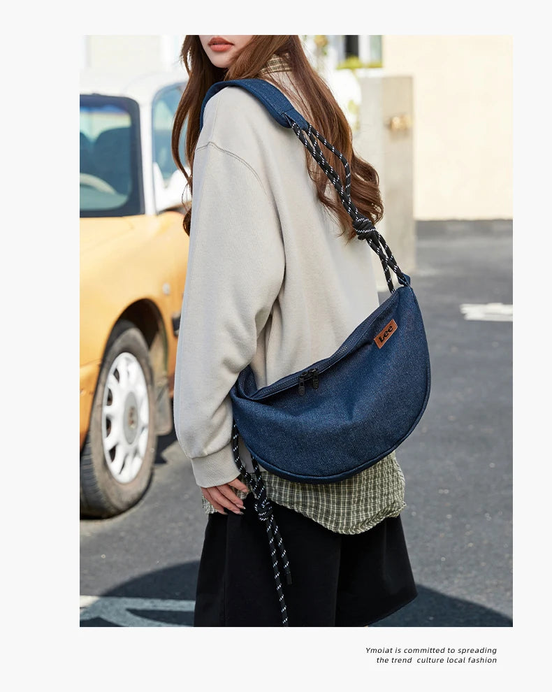 LEE 2025 Teenagers Waterproof Denim Crossbody Shoulder Bag Women Men Stylish Jeans Hobo Dumpling Crescent Bag Student Ipad Pack