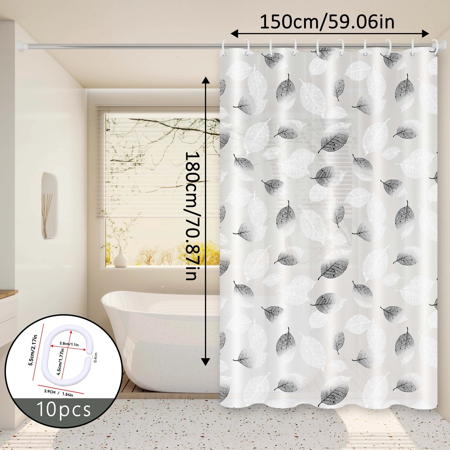 Fresh Leaf Black and White Style Shower Curtain, Minimalist Nordic Bathroom Partition Curtain, Artistic Bathroom Space Decorative Curtain