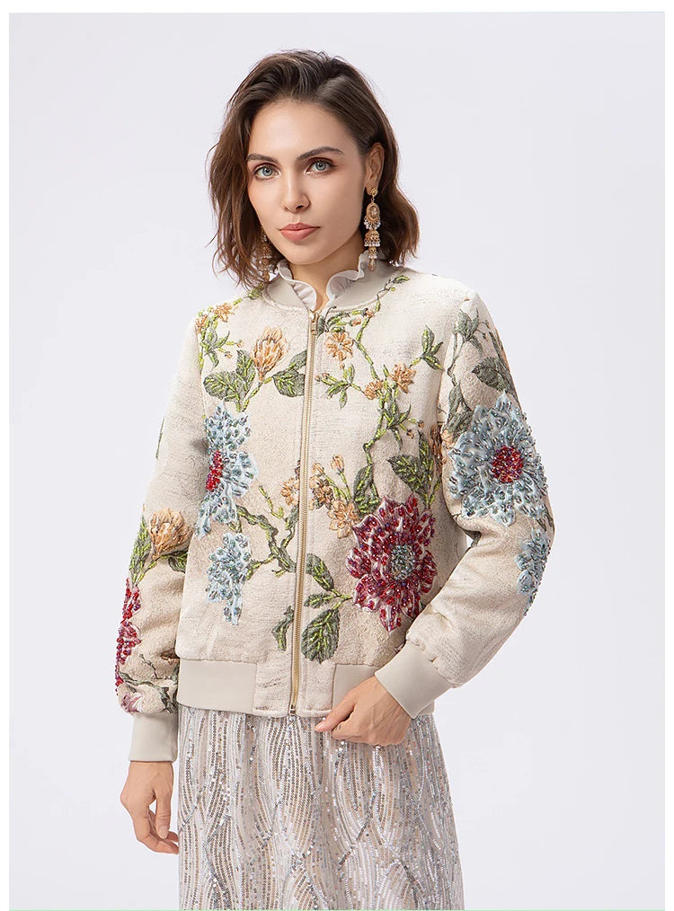 Luxury Beaded Embroidered Jacquard Bomber Jacket Women 2025 New Fashion Casual Chic Baseball Coat Elegant Versatile Outerwear