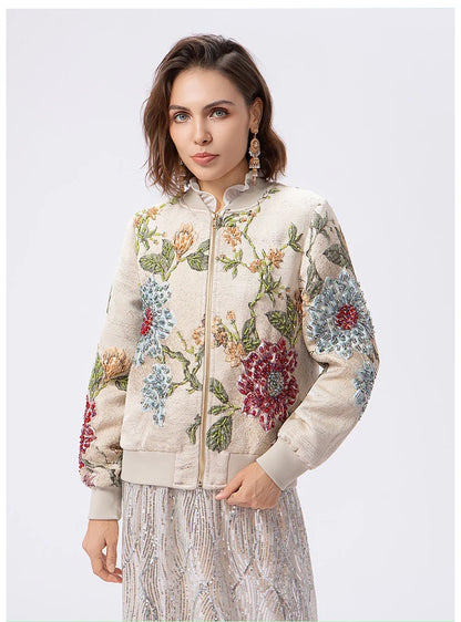 Luxury Beaded Embroidered Jacquard Bomber Jacket Women 2025 New Fashion Casual Chic Baseball Coat Elegant Versatile Outerwear