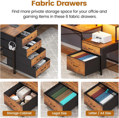 108" L-Shaped Corner Desk with 6 Drawers, Power Outlet & LED Lights - Home Office Gaming Desk in Rustic Brown