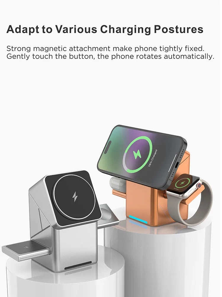 2025 Touch Auto-Rotating Qi2 3 in 1 Magnetic Wireless Charger Stand For iPhone Samsung Xiaomi OPPO 30W Fast Charging