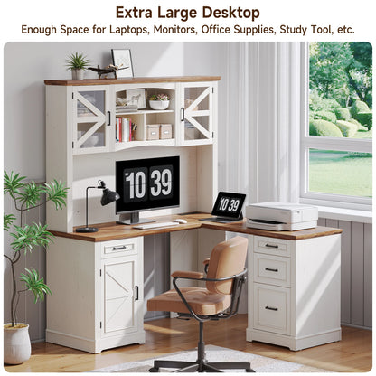 72" L-Shaped Executive Desk with Hutch, Farmhouse Home Office Desk, Wood L Shaped Computer Desks, Withe Computer Workstations