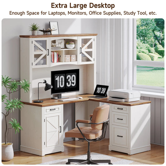 72" L-Shaped Executive Desk with Hutch, Farmhouse Home Office Desk, Wood L Shaped Computer Desks, Withe Computer Workstations
