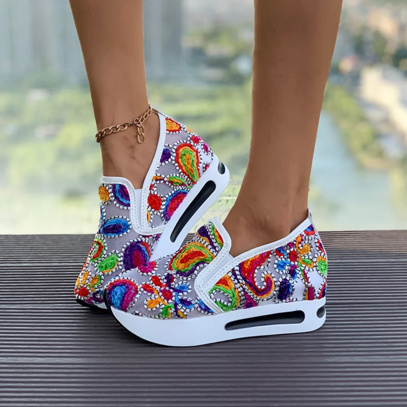 Women's Sneakers Rainbow Embroidered Platform Shoes for Women Breathable Mesh Loafers Lightweight Slip On Casual Shoes Plus Size