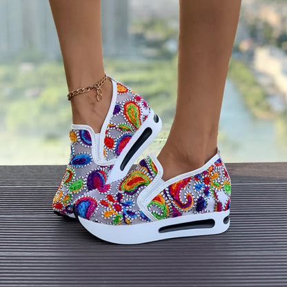 Women's Sneakers Rainbow Embroidered Platform Shoes for Women Breathable Mesh Loafers Lightweight Slip On Casual Shoes Plus Size