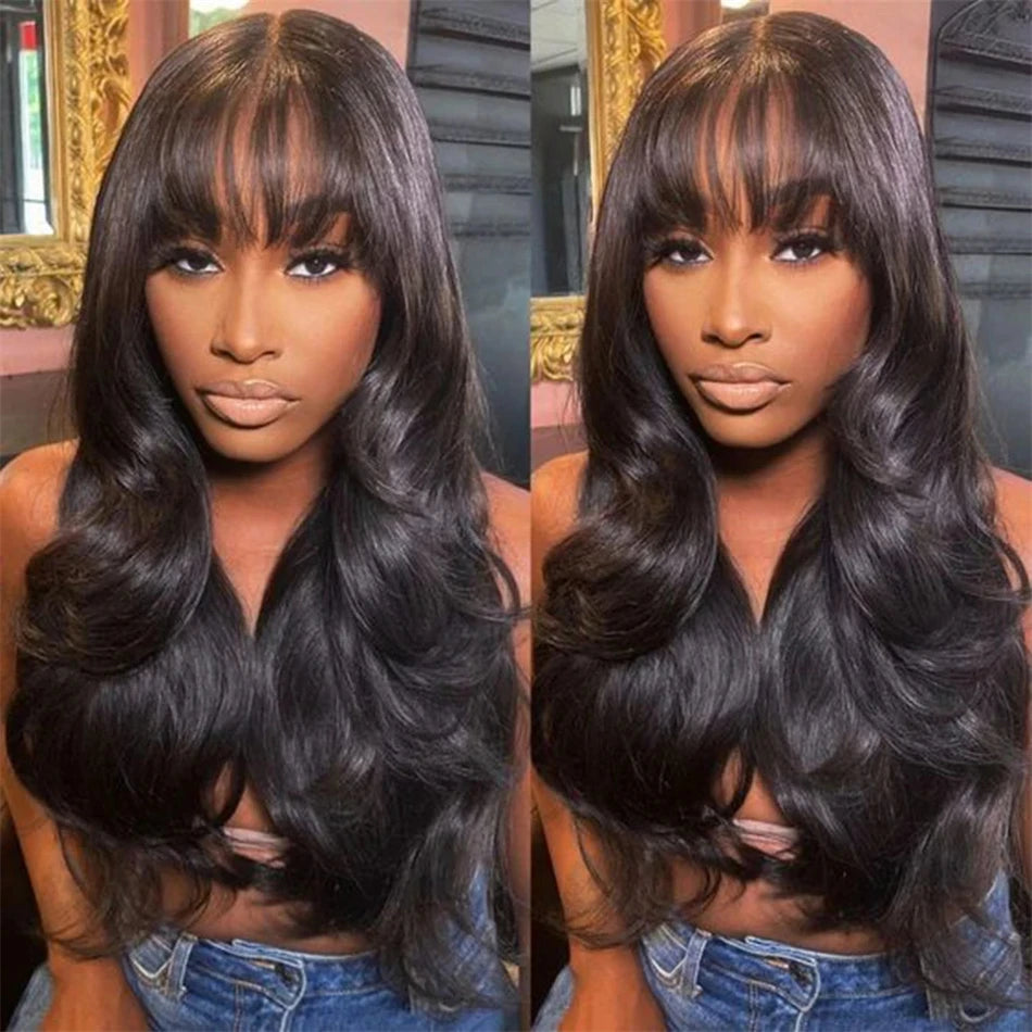 Middle Part Body Wave Human Hair Wig With Bangs for Black Women 3x1 Lace Wigs 200 Density Brazilian 30 32 Inch Wigs on Sale