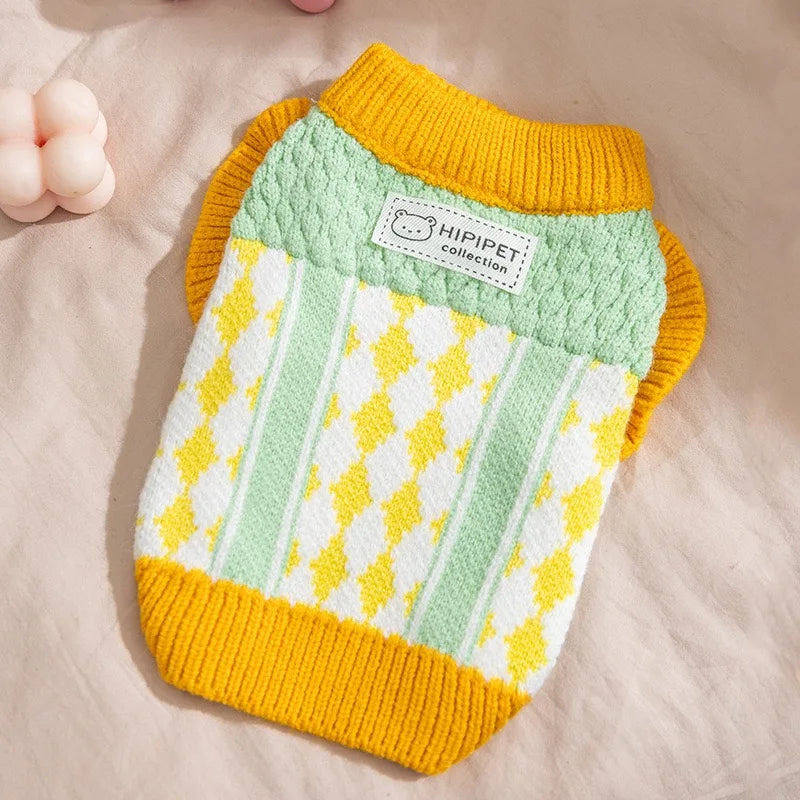 Diamond Grid Solid Cat Sweaters Warm Wool Knitting Winter Sphinx Small Dogs Clothing Ruffle Sleeve Female Girl Puppy Overalls