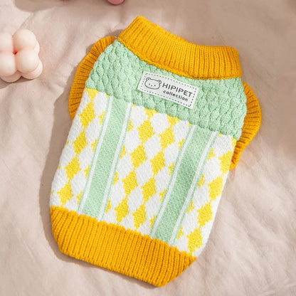 Diamond Grid Solid Cat Sweaters Warm Wool Knitting Winter Sphinx Small Dogs Clothing Ruffle Sleeve Female Girl Puppy Overalls