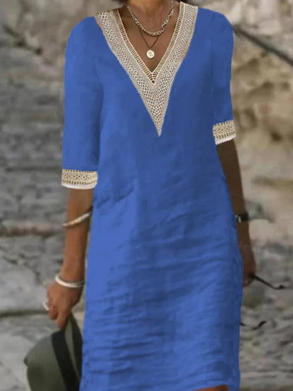 New solid color V-neck mid-sleeved elegant dress