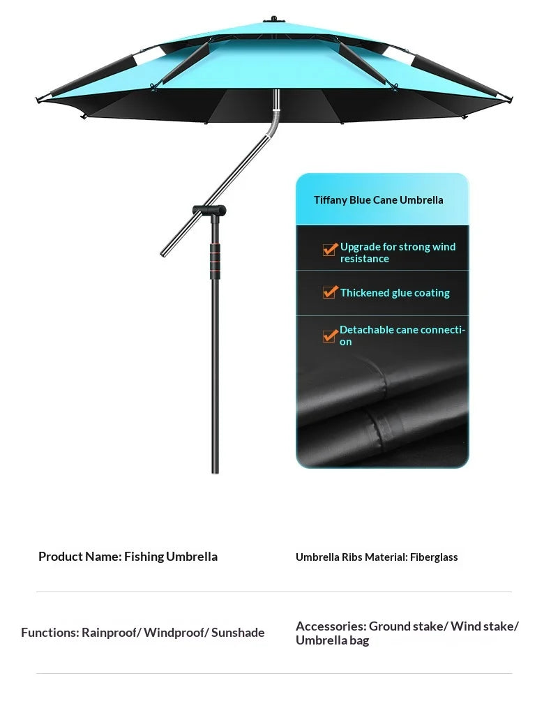 Outdoor Fishing Umbrella Heavy Duty Double Layer UV Protection Waterproof Upgraded Black Coating Patio Beach Base Included
