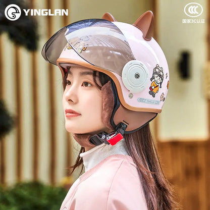 Winter Warm Women's Electric Car Helmet Four Seasons Motorcycle Safety Cap Full Face Helmet 3C Certified Abs Material
