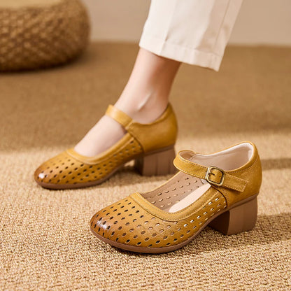 AIYUQI Women Hollow Mary Jane Shoes Genuine Leather Women Sandals Summer Comfortable Middle Aged Mother Shoes