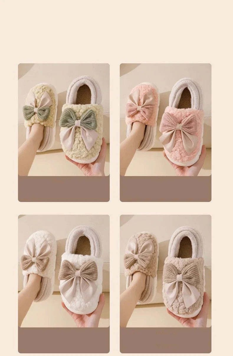 Thick Soled Non Slip Home Plush Slippers 2025 New Cotton Slippers for Women Bow Slippers for Autumn and Winter Warm for Women