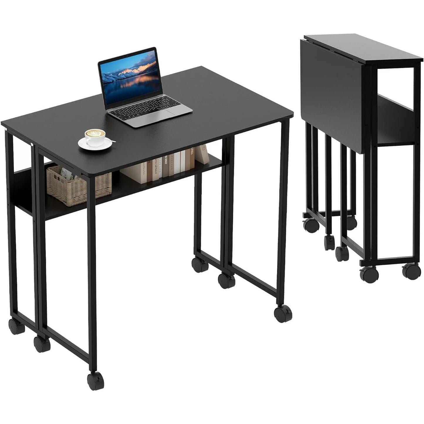Black Folding Rolling Desk Space Saving with Laptop Table Storage Shelf Sturdy Frame Mobile Workstation Sofa Table with Wheels