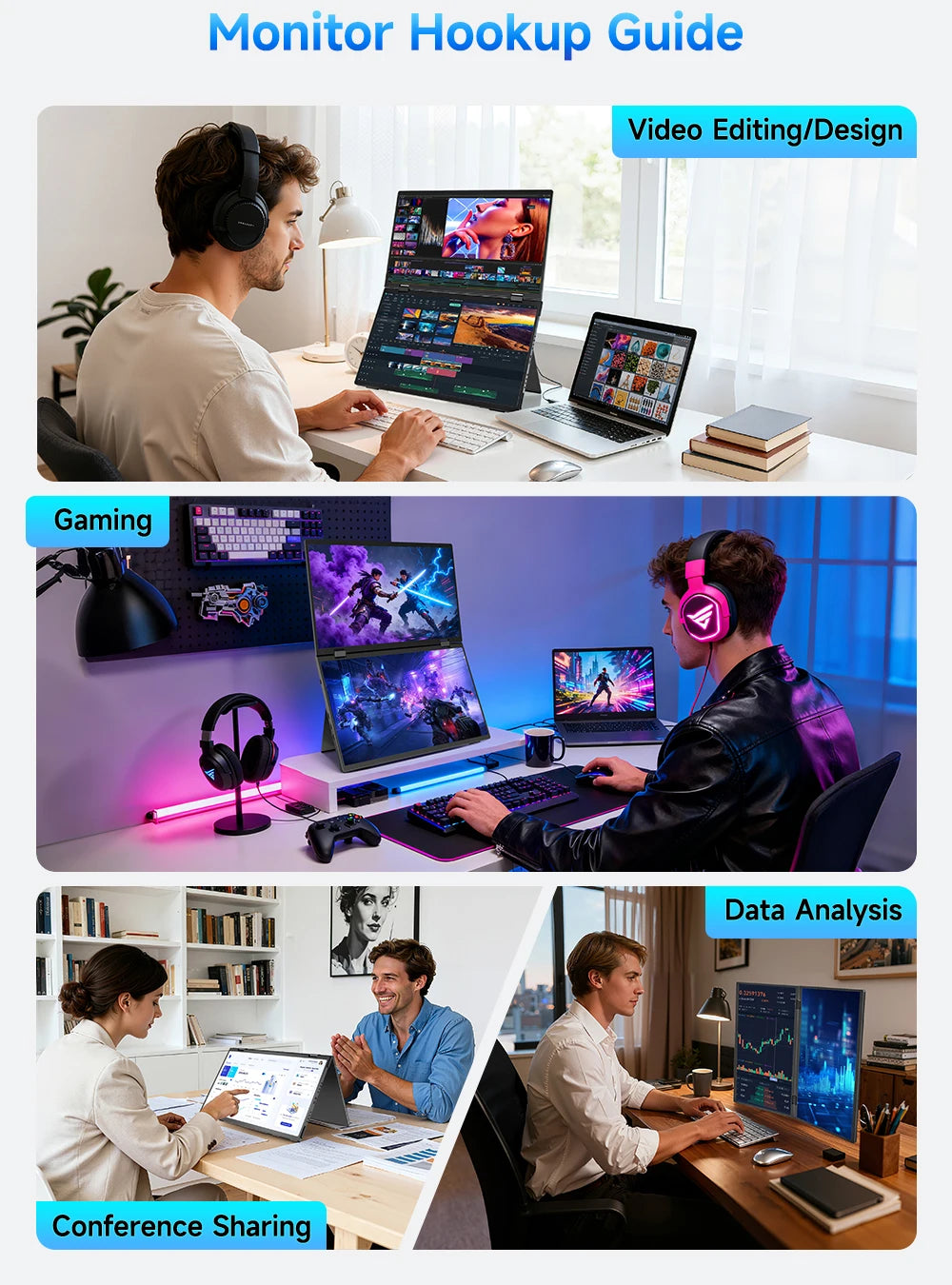 UPERFECT 15.6" Stacked Foldable Dual Monitor FHD 100% SRGB Laptop Screen Extender IPS HDR Travel Portable Monitor for Laptop PC Windows Mac OS Built-in Kickstand