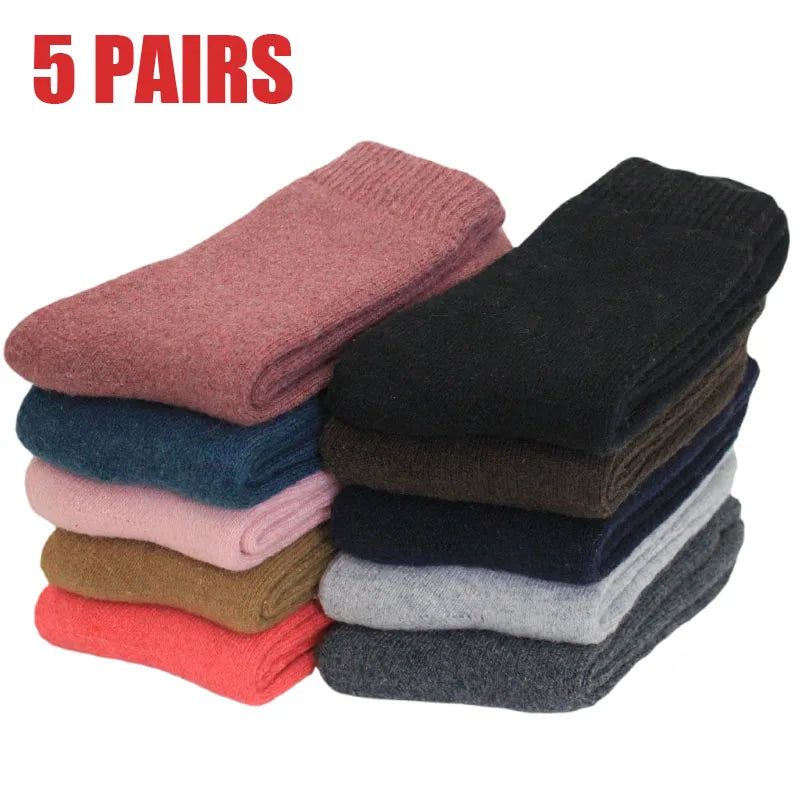 5 Pairs Winter Super Thicker Warm Socks Wool Women Socks New Solid Merino Wool Socks Against Cold Snow Men Terry Sock Size 36-42