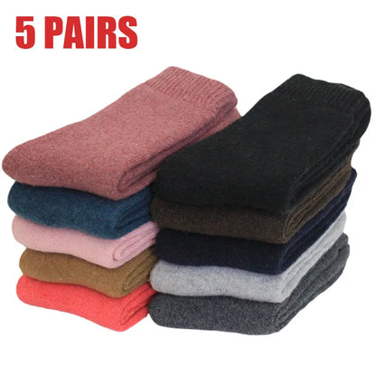 5 Pairs Winter Super Thicker Warm Socks Wool Women Socks New Solid Merino Wool Socks Against Cold Snow Men Terry Sock Size 36-42