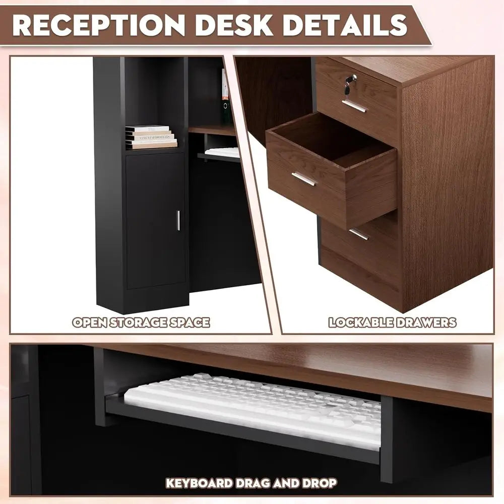 Large L-Shaped Wooden Office Desk with Storage, Counter & Shelves, Suitable for Home or Business, Brown and Black, Right-71L x 3