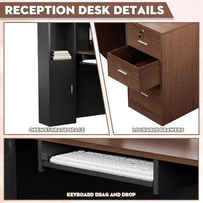 Large L-Shaped Wooden Office Desk with Storage, Counter & Shelves, Suitable for Home or Business, Brown and Black, Right-71L x 3
